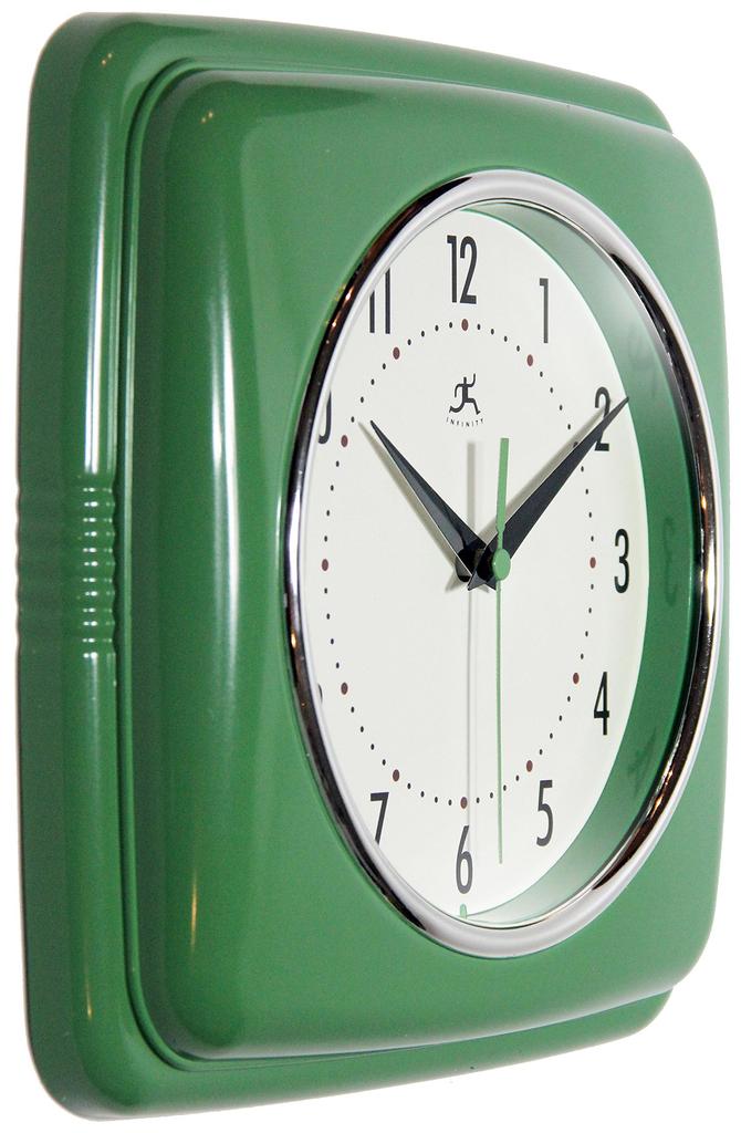 Infinity Instruments Square Silent Retro 9 дюймов Mid Century Modern Kitchen Diner Retro настенные часы Quartz Sweep Movement дюйм (зеленый), 9.25