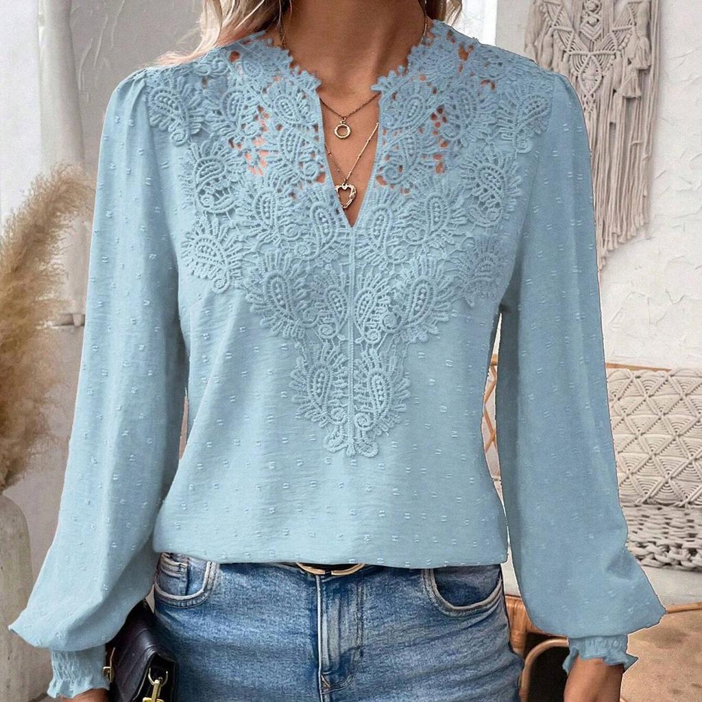 Women's Spring and Autumn Shirts, Bottoming Shirts, V-neck Lace Stitching, Solid Color Tops, Shirts, Casual Women's Clothing