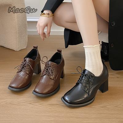 Модная обувь из мягкой кожи в стиле ретро на шнуровке, одинарные туфли для женщин, весна-осень 2025, туфли-лодочки с квадратным носком, французские толстые высокие каблуки для женщин, обувь