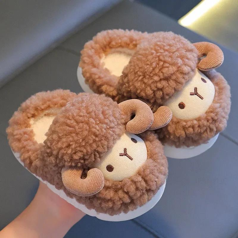 Winter Children Cotton Slippers Boys Girls Warm Anti Slip Home Slipper Fashion Cute Cartoon Alpaca Kids Parent-Child Plush Shoes