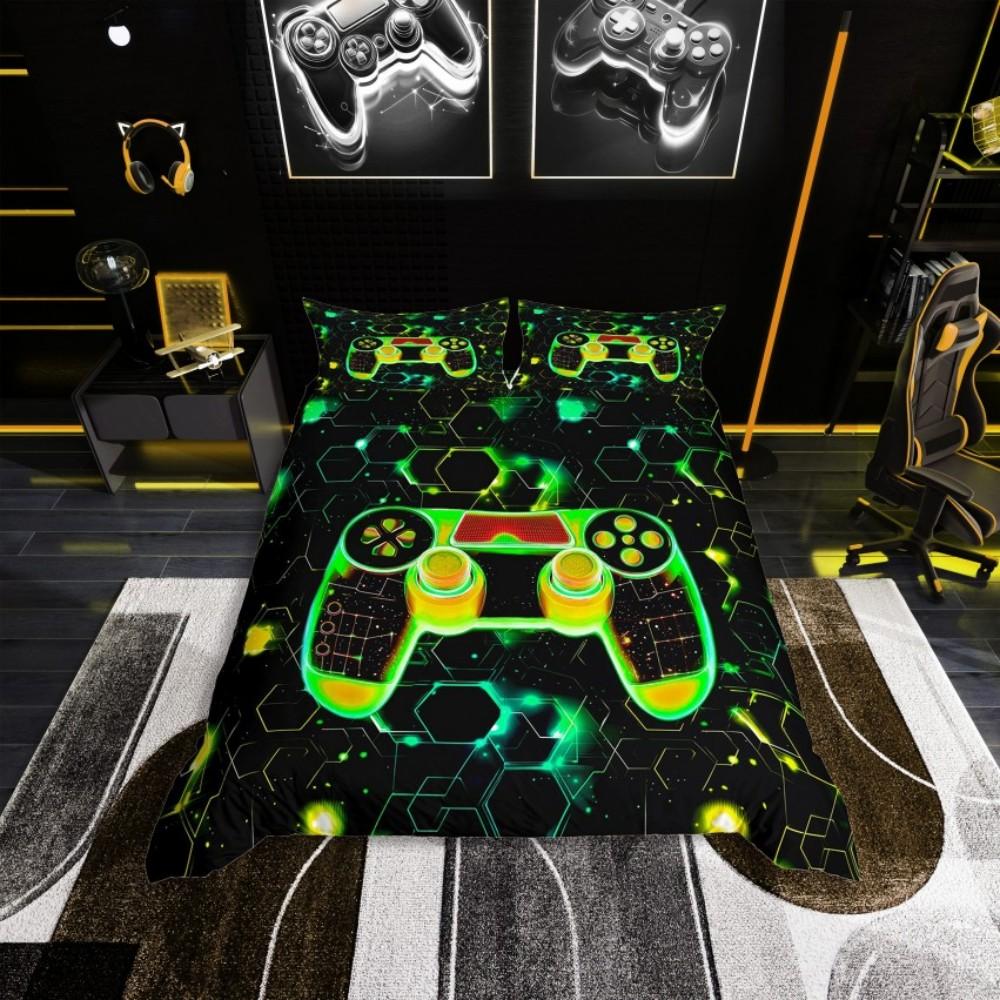 Комплект пододеяльника Homewish Neon Lime с геймпадом для мальчиков, Абстрактный сотовый комплект постельного белья, Мистический блестящий галактический двусторонний комплект для кровати