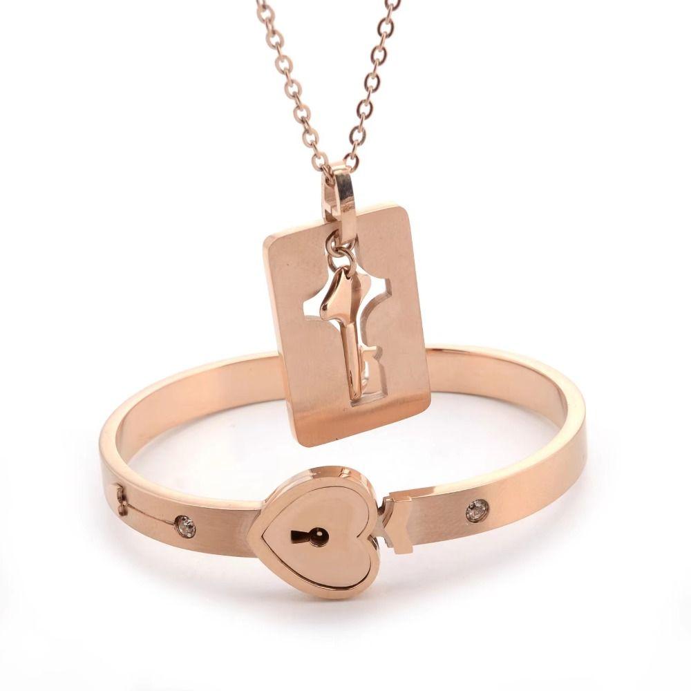 Stainless Steel Heart Lock Bracelets Gold Silver Key Pendant Necklace Jewelry Gift