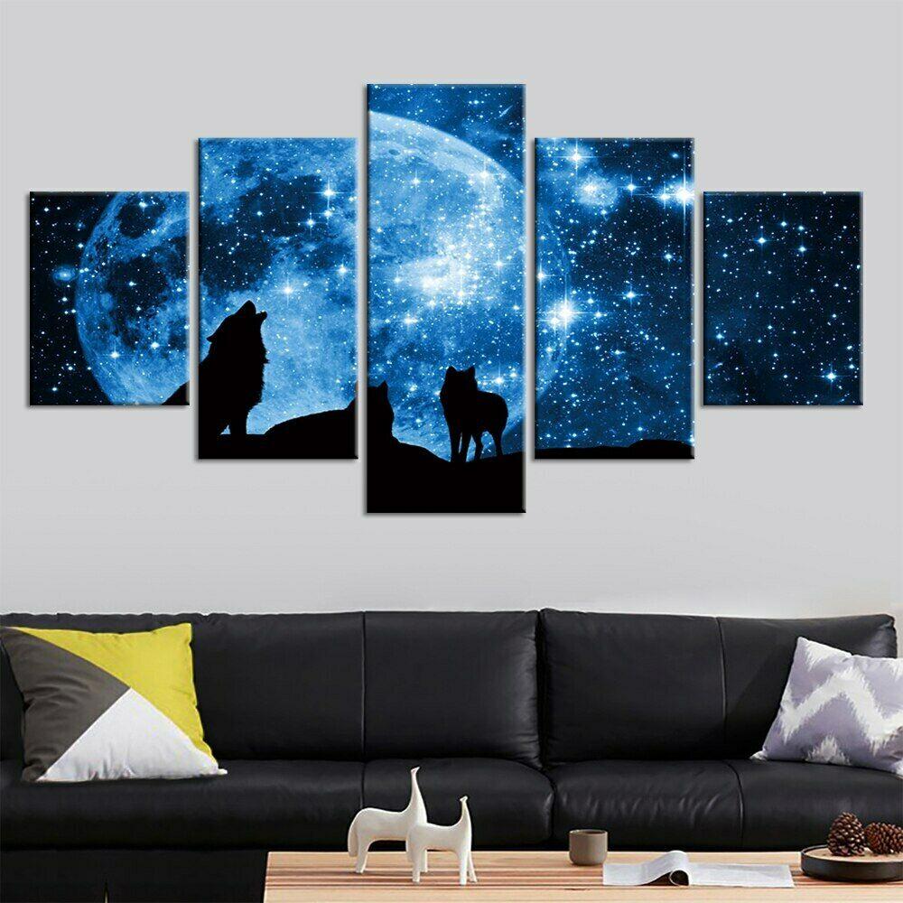5Pcs Moon Wolf Stars Sky Night Modern Decor Canvas Wall Art 5 Pieces Paintings Poster HD Print No Framed 5 Panel Room Decor
