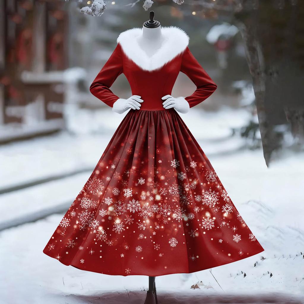 Женское повседневное платье с длинным рукавом, V-образным вырезом, лоскутным флисом и рождественским принтом