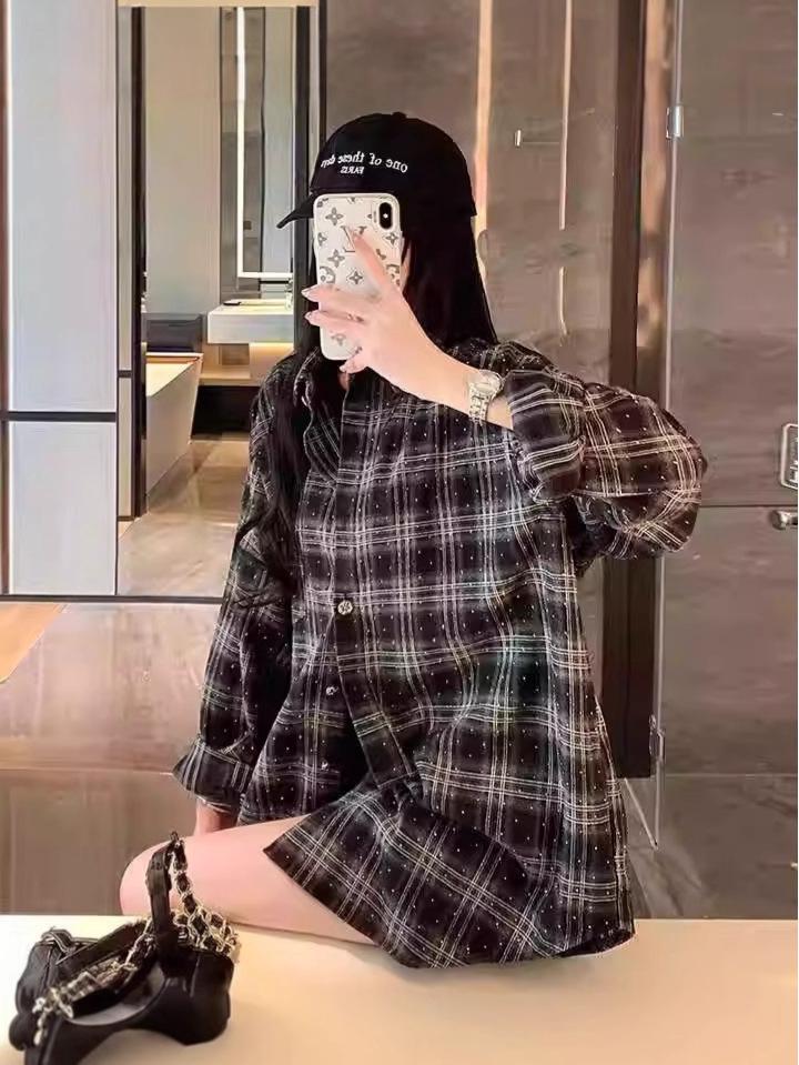 Клетчатая рубашка, украшенная стразами: Женский модный свободный кардиган с длинным рукавом для весны и осени.