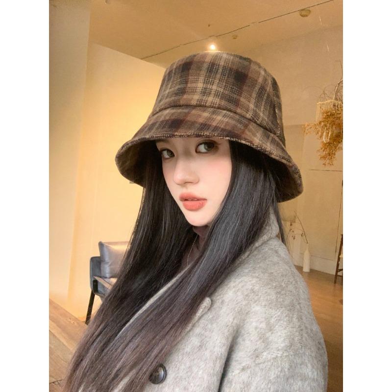 Women S Plaid Bucket Hat Double Sided Foldable Sun Protection Large Head Size Korean Style