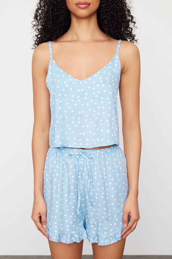 Women's Fashion Light Blue Polka Dot Ruffle Detailed Viscose Woven Pajama Set with Rope Strap