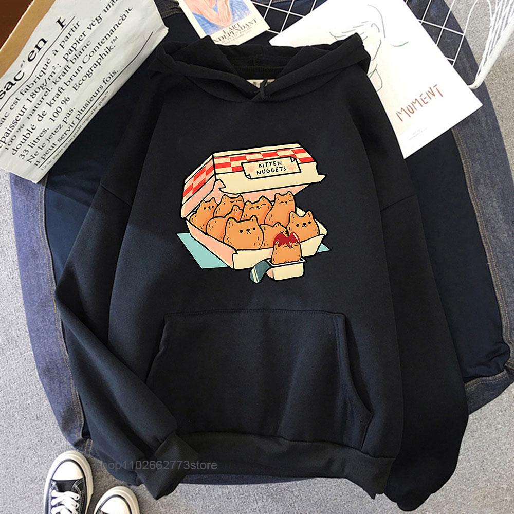 Kitten Nuggets Happy Hoodies Women Kawaii/cute High Street Sweatshirts Cat Biscuits Dipping Sauce Long Sleeve Men