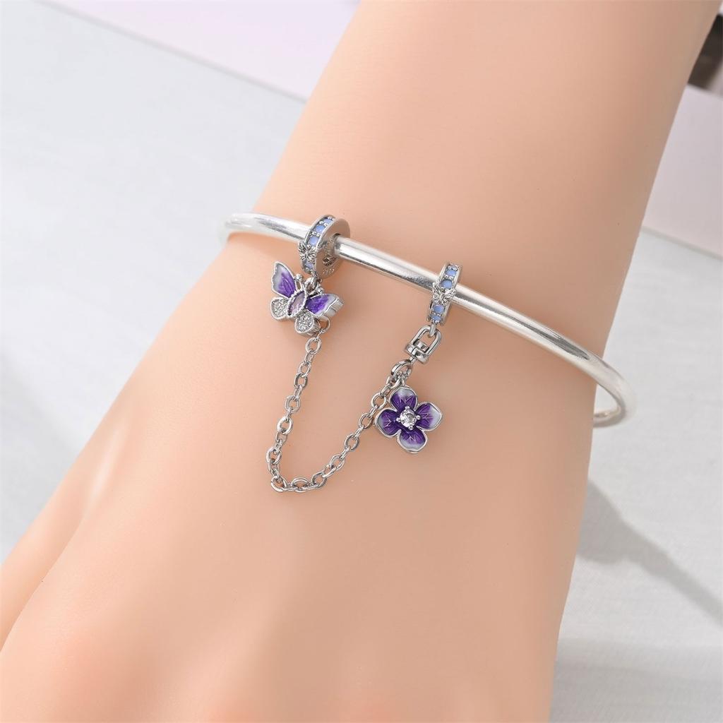 925 Silver Classical Purple Butterfly Flower Cat Fixed Chain Bear Couple Bead Fit Bracelet Women Jewelry Diy Accessory