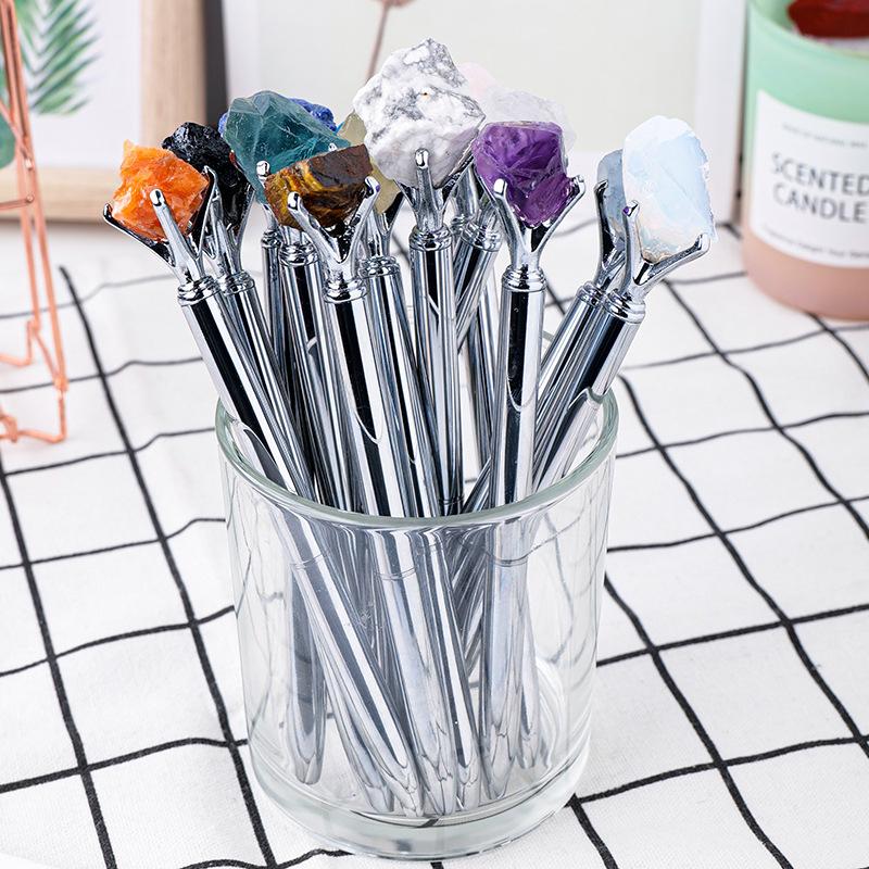 Natural Crystal Raw Stone Pen Creative Metal Ballpoint Pen Student Gift Pen with Box