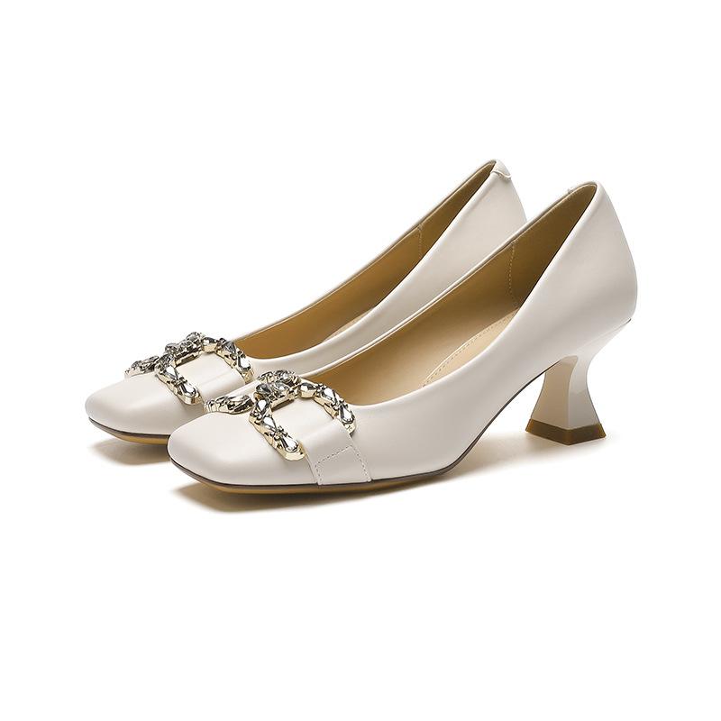 French square head thin heel single shoes spring and autumn new comfortable metal buckle fashion high heels women
