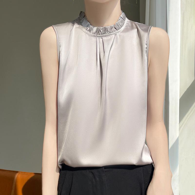 INDFS Women's Fashion Casual Summer Spring Solid Color Print Sleeveless Stand-Neck Blouses & Shirts