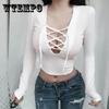 Sexy V-neck Strappy Hollow Slim Long-sleeved Bottoming Shirt Short Solid Color Women's Top