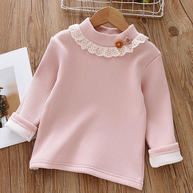 Girls' Winter Velvet Lace Turtleneck Knit T-Shirt