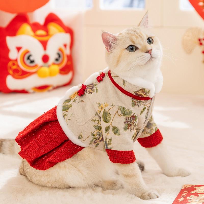 Pet Dress Cats Dogs Chinese New Festival Outfit Floral Print Red Cotton Costume Size XS To XXL