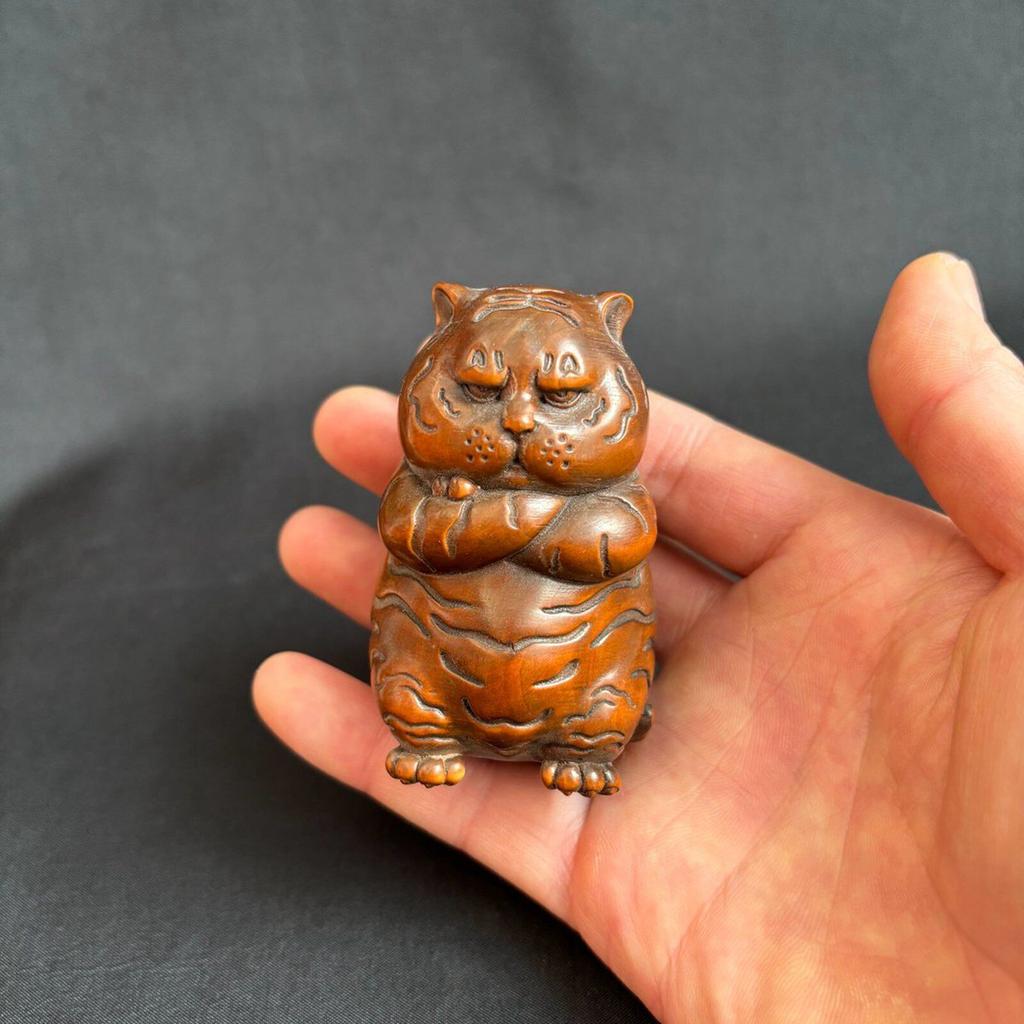 Chinese Boxwood Carving Exquisite Lovely Tiger Statue Room Decor Interesting Art