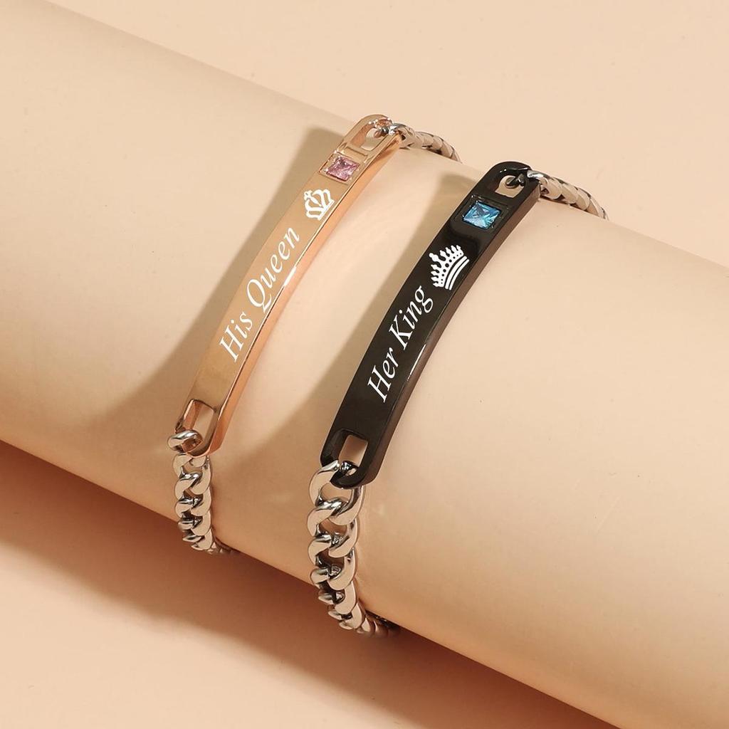 Браслет для пары из титановой стали с гравировкой, сердце с короной и цирконием - Подарок на День святого Валентина