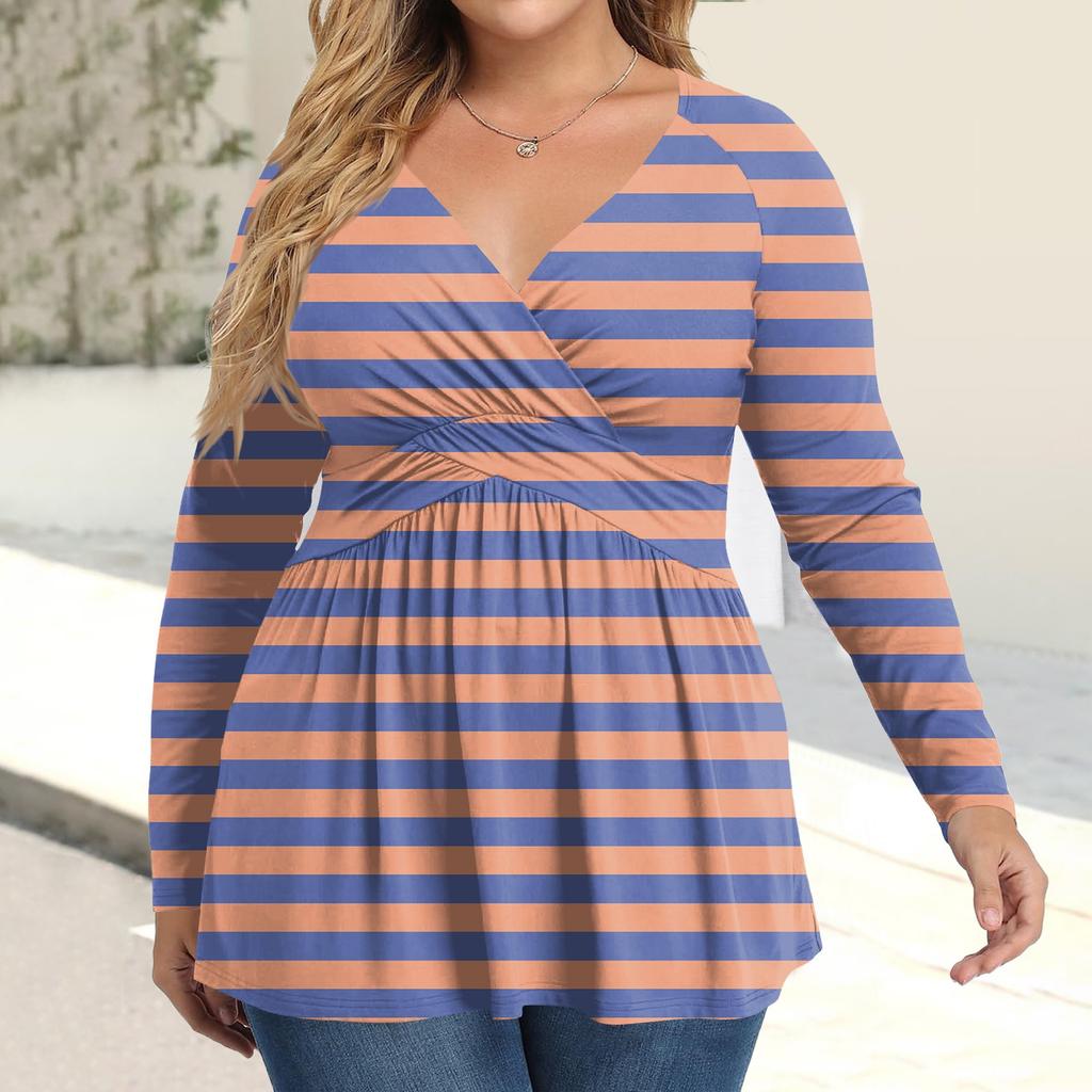 Женская рубашка большого размера с длинным рукавом, принт, плиссированный повседневный топ с V-образным вырезом