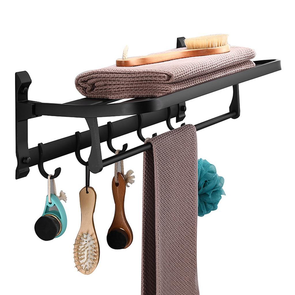 Wall Mounted Space Aluminum Towel Rack Holder Folding Storage Shelf for Bathroom Toilet Black