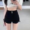 Летние женские черные шорты с высокой талией, шнуровкой, А-силуэта, приталенные, повседневные, 2025