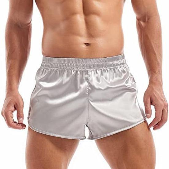 Men Shorts Elastic Waist Mid-rise Versatile Sports Shorts Sexy Side Slits Solid Shiny Satin-like Shorts Daily Wear