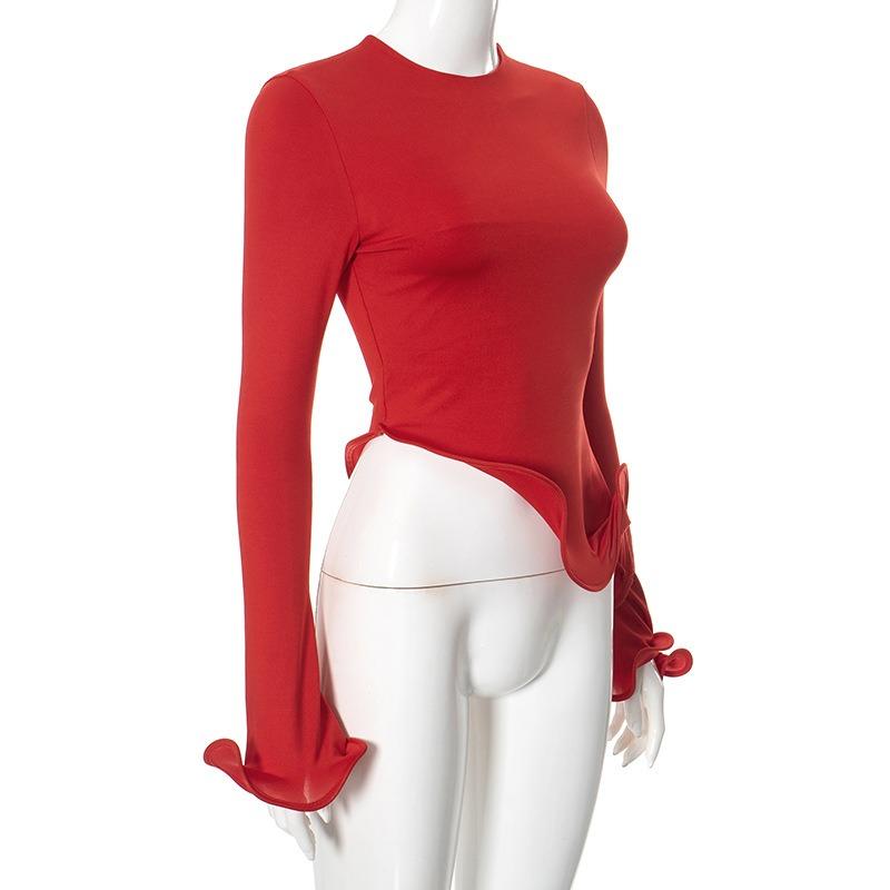 Street Irregular Ruffled Flare Sleeve Casual T-shirt for Women Fashion Elegant O Neck Slim Fit T-Shirt Women Solid Simple Y2K Female Tee Tops 26190