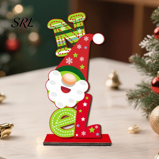 Holiday Tabletop Decor 2D Wooden Christmas Ornaments, Xmas Tree Santa Double Sided Printed Decorations Snowman Sign with Stand, Party Festive