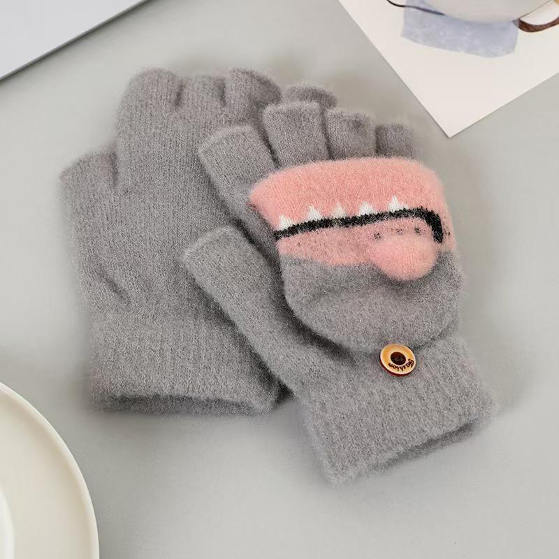 Children's Flip-Top Half-Finger Winter Gloves - Crystal Mink Dinosaur Design