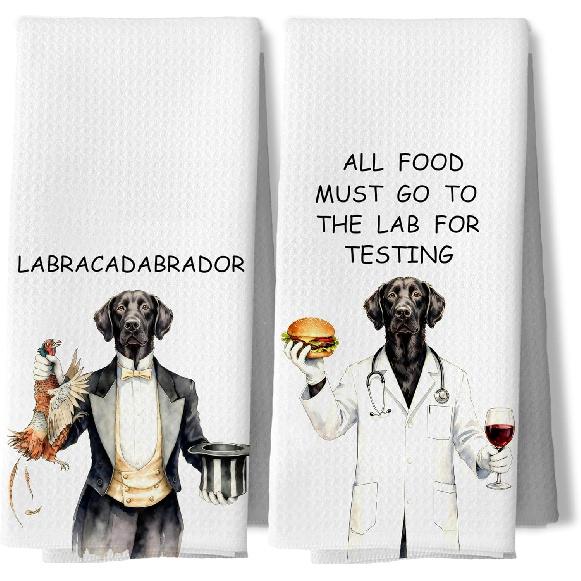 Funny Black Labrador Retriever Kitchen Dish Towels, Black Lab Gifts, All Food Must Go to The Lab for Testing Decorative Hand Tea Towels for Kitchen