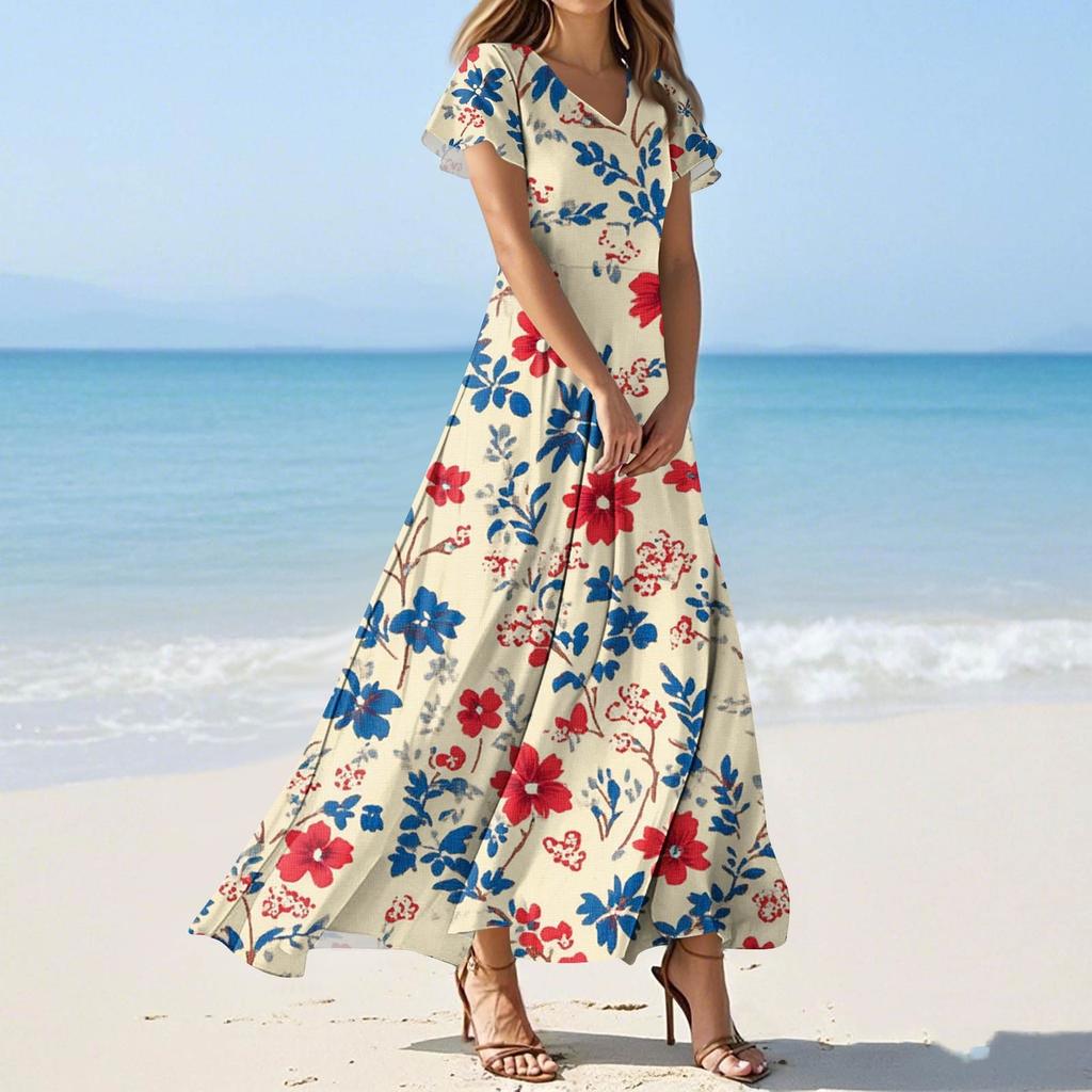 Женские летние повседневные модные платья с принтом и короткими рукавами и V-образным вырезом
