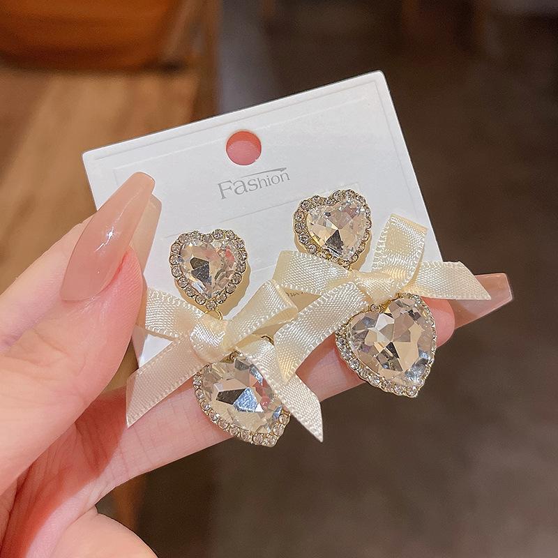 Sweet Heart Love Zircon Dangle Earrings for Women Elegant Romantic Bowknot Crystal Ear Accessories Exquisite Fine Jewelry Gifts