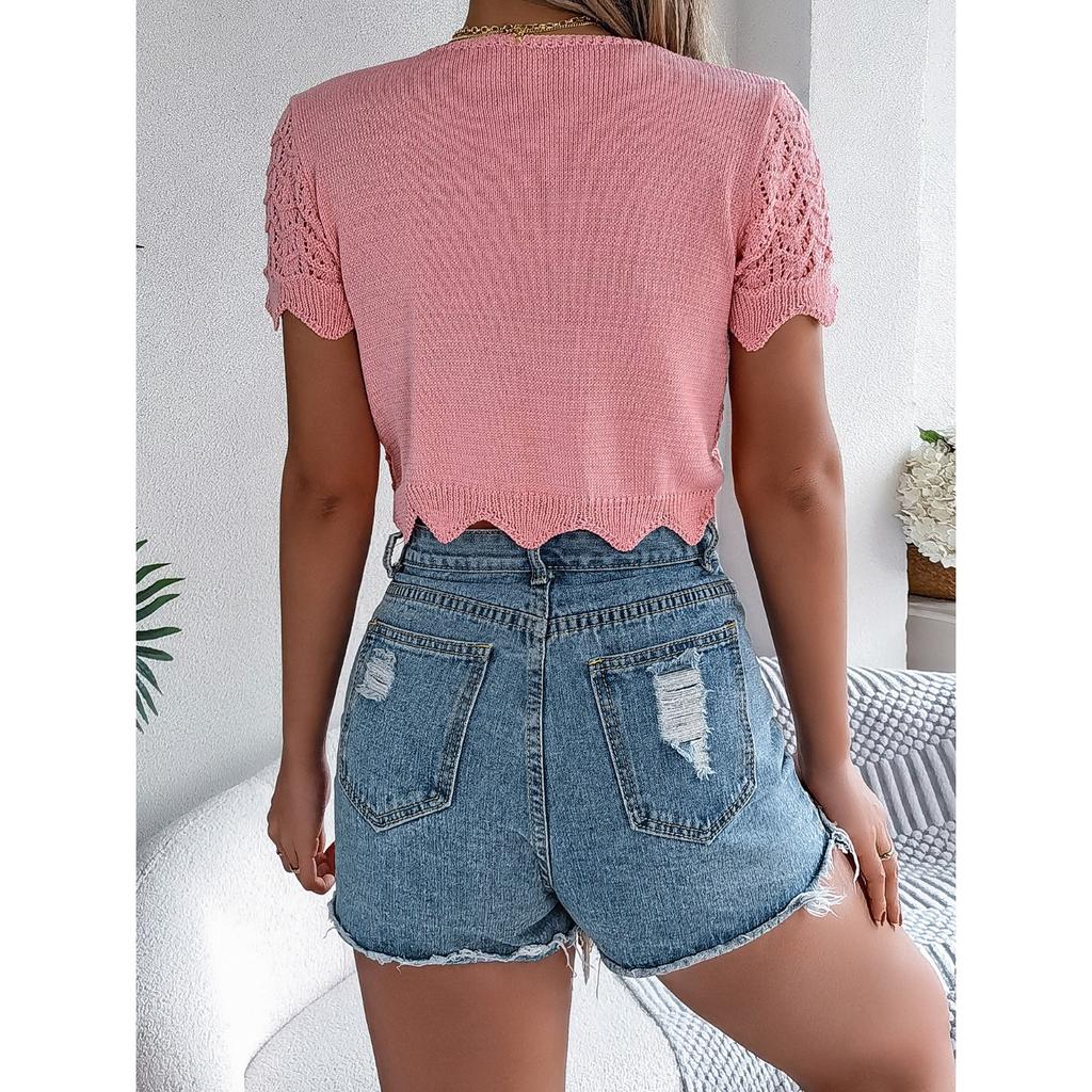 QICED Летний вязаный кардиган с вырезами на шнуровке, с короткими рукавами, для отпуска, защита от солнца, женская одежда