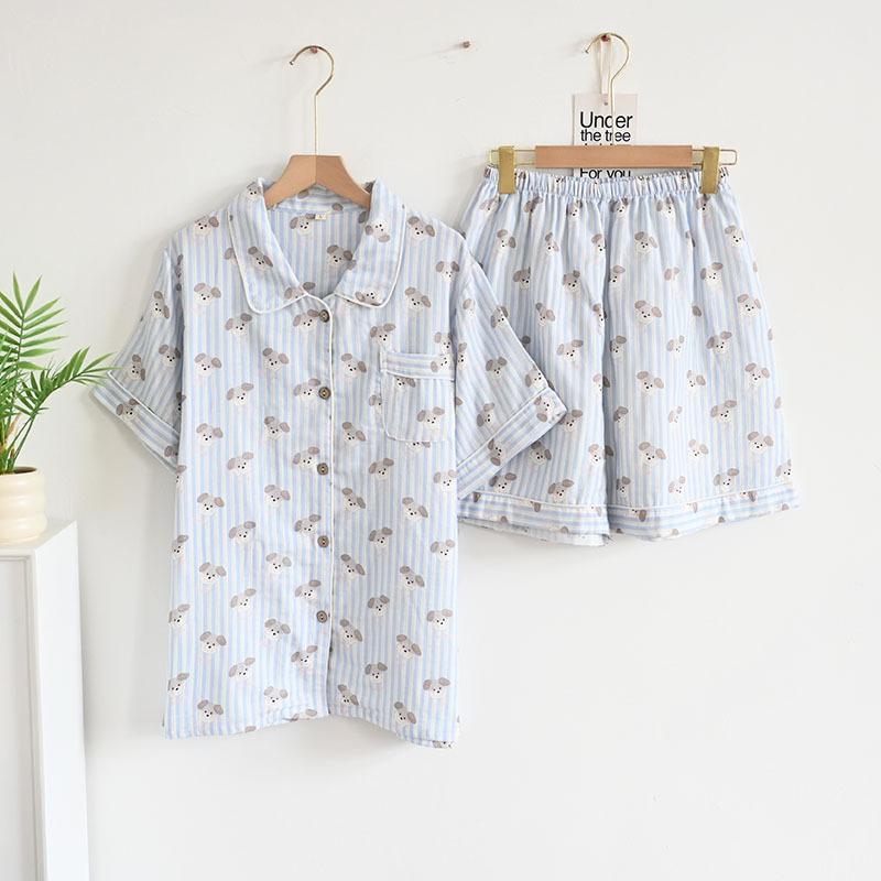 Summer Cotton Gauze Pajama Set Short Sleeve Shorts/Long Pants Breathable Thin Lapel Cartoon Loungewear