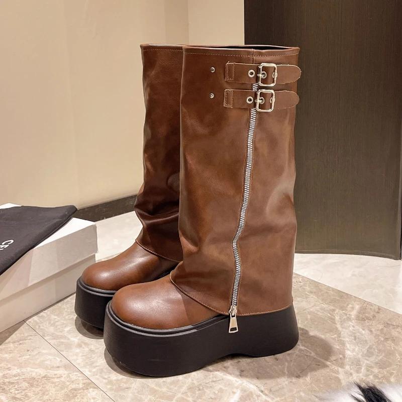 Кисточки Сапоги для Женщин Ретро Готический Тренд Женские Сапоги Челси Средний Каблук Мотоциклетные Сапоги Женская Мода До Колена Ботас