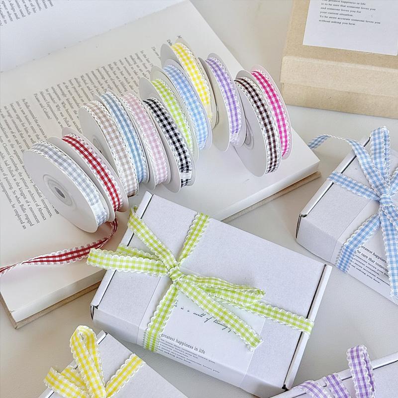 10yards/Roll Wave Edge Candy-Colored Plaid Ribbon 1CM Lace Checkered DIY Hair Accessories Gift Cake Box Decor Bouquet Bow