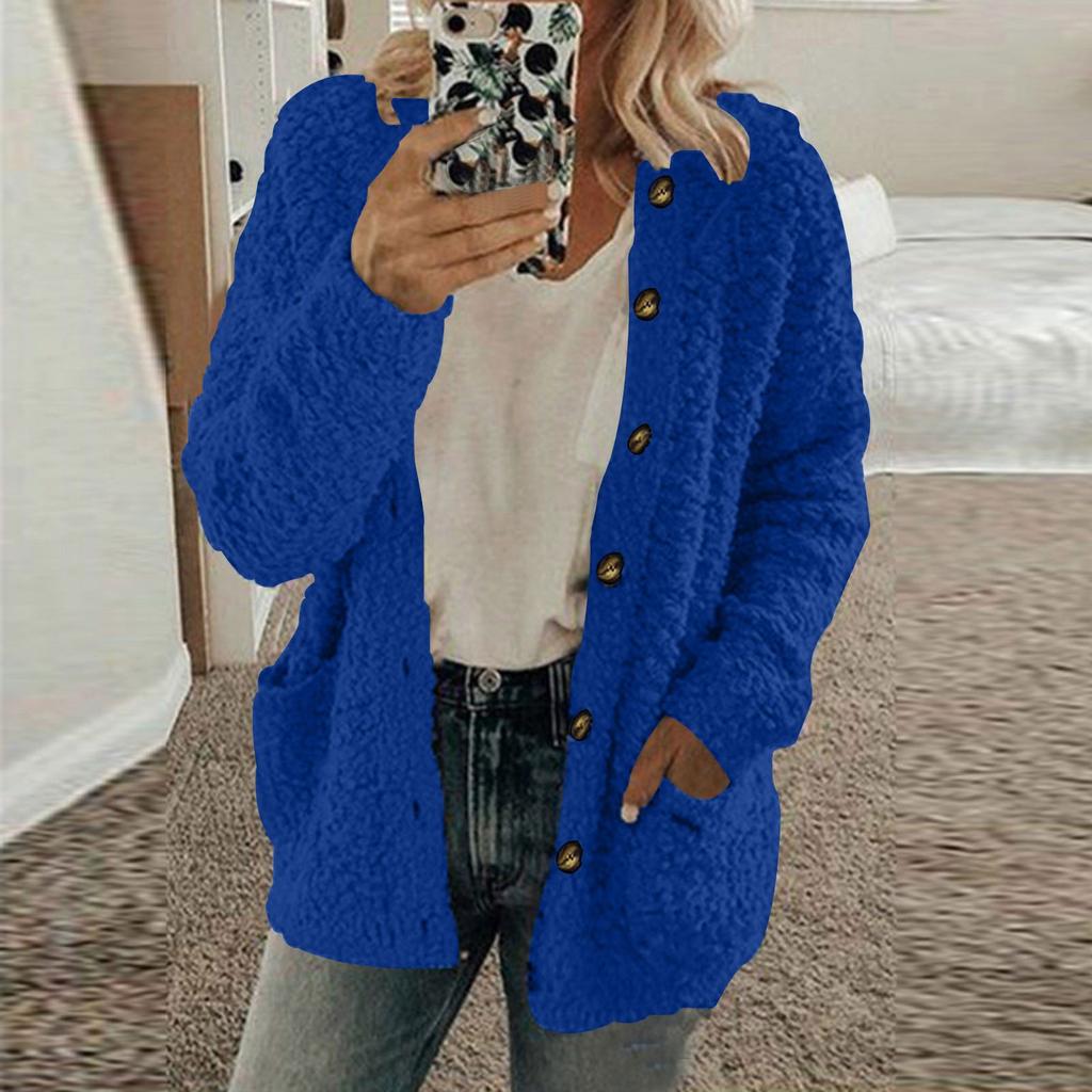 Women's Fashionable Solid Color Long Sleeved Single Breasted Pocket Round Neck Plush Jacket