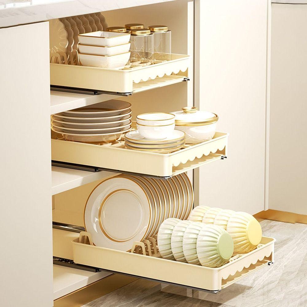 Built-In Slide Out Dish Drying Rack Plastic Drawer-type Plate Drain Rack Pull Out Dish Rack Pantry