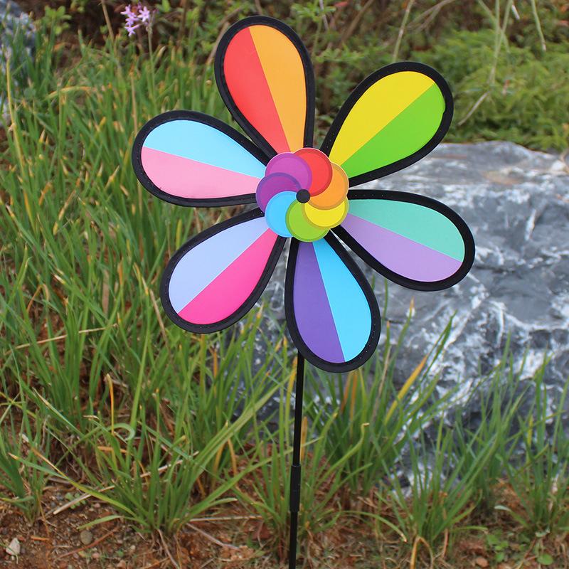 Outdoor Rainbow Six Color Windmill With Black Edge Stake Standing Lawn Flower Pinwheel Outdoor Party Garden Yard Picnic Decor