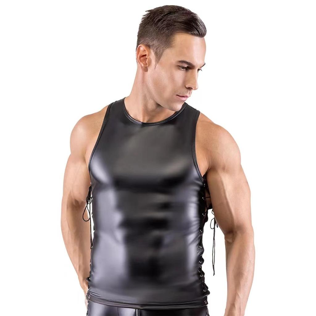 Men Sexy PU Leather Black Underwear Tank Tops Sets Muscle Shape Cosplay Costume Open Zipper Erotic Lingerie Gay Hollow