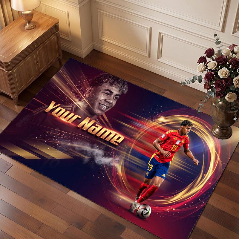 Lamine Yamal Custom Crystal Velvet Rug, Personalized Name Text Print, Football Logo Soft Non‑Slip Floor Mat Home Decor Gift