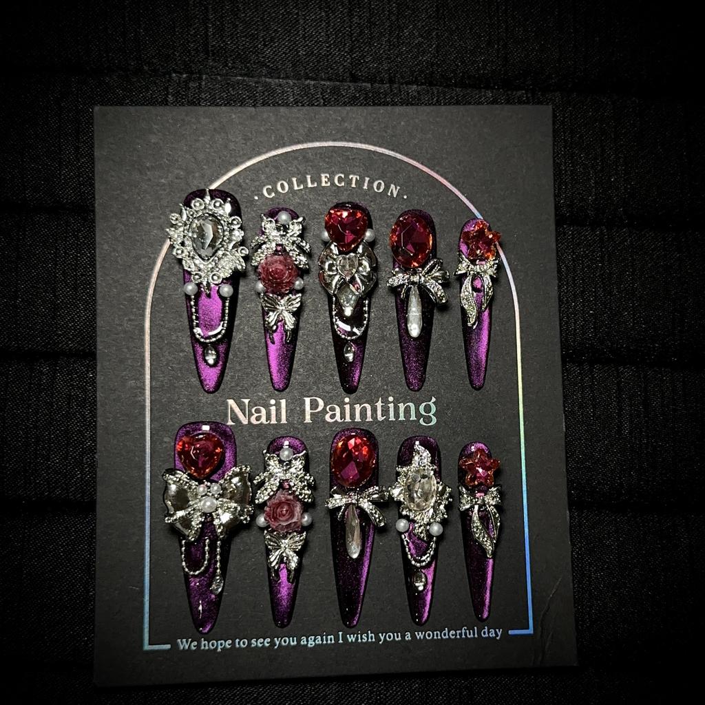 Роскошные накладные ногти ручной работы, длинные, миндалевидной формы, с французским кончиком, блестящие, искусственные ногти, дизайн с 3D стразами, акриловые ногти, многоразовые наклейки для женщин