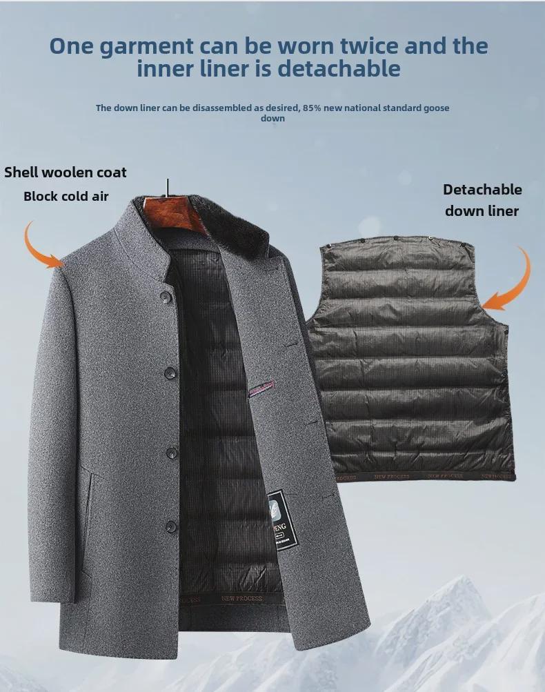 Мужское шерстяное пальто средней длины с мехом норки, съемной подкладкой из гусиного пуха и воротником-стойкой