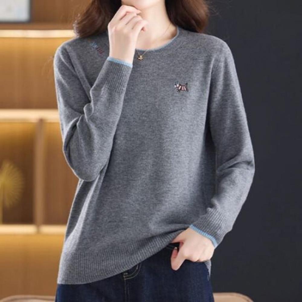 Navava Women Daily Simple Horse Embroidery Point Round Neck Long Sleeve Knit Tsh