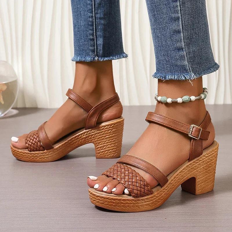 Fashion Women's Braided Chunky Heel Sandals Summer 2025 Ankle Strap Platform Gladiator Sandals Woman Fashion Woven High Heeled Sandalias