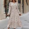 Женское весеннее платье с длинным рукавом и цветочным принтом, О-образным вырезом, летнее повседневное платье А-силуэта длиной до щиколотки, эластичное, с высокой талией, свободное платье