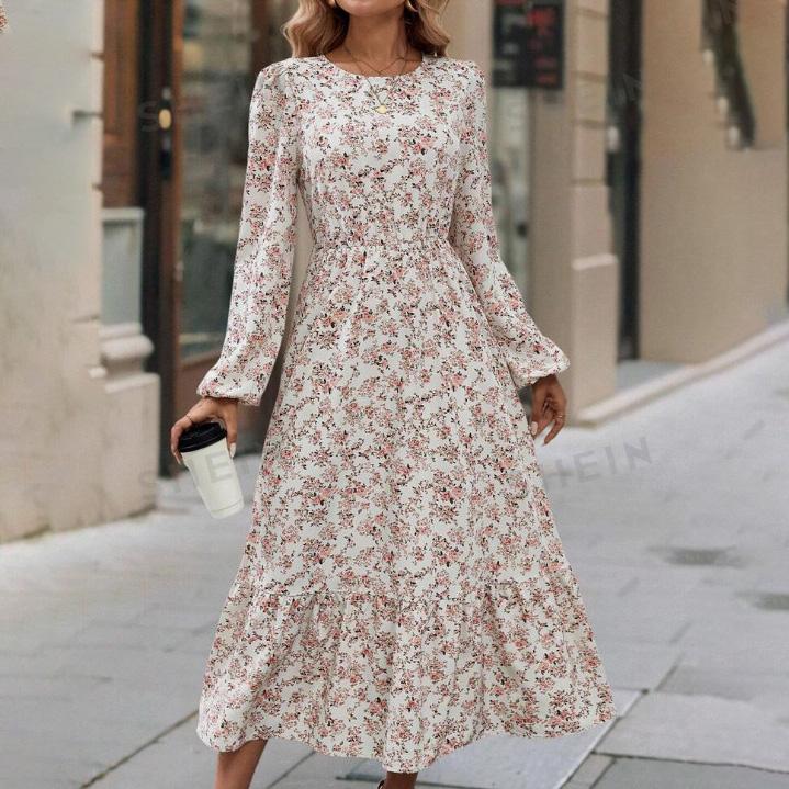 Женское весеннее платье с длинным рукавом и цветочным принтом, О-образным вырезом, летнее повседневное платье А-силуэта длиной до щиколотки, эластичное, с высокой талией, свободное платье