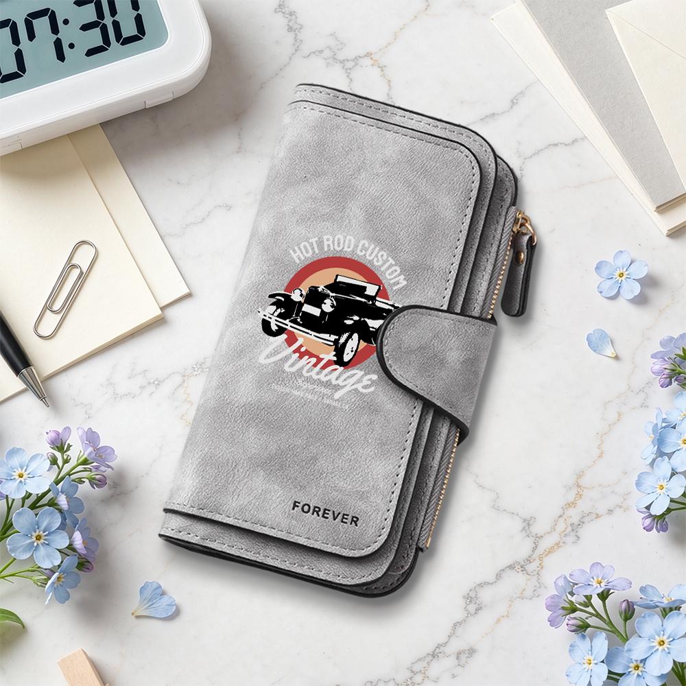 Vintage Car Pattern Long Wallet Multi Card Slot Leather Purse