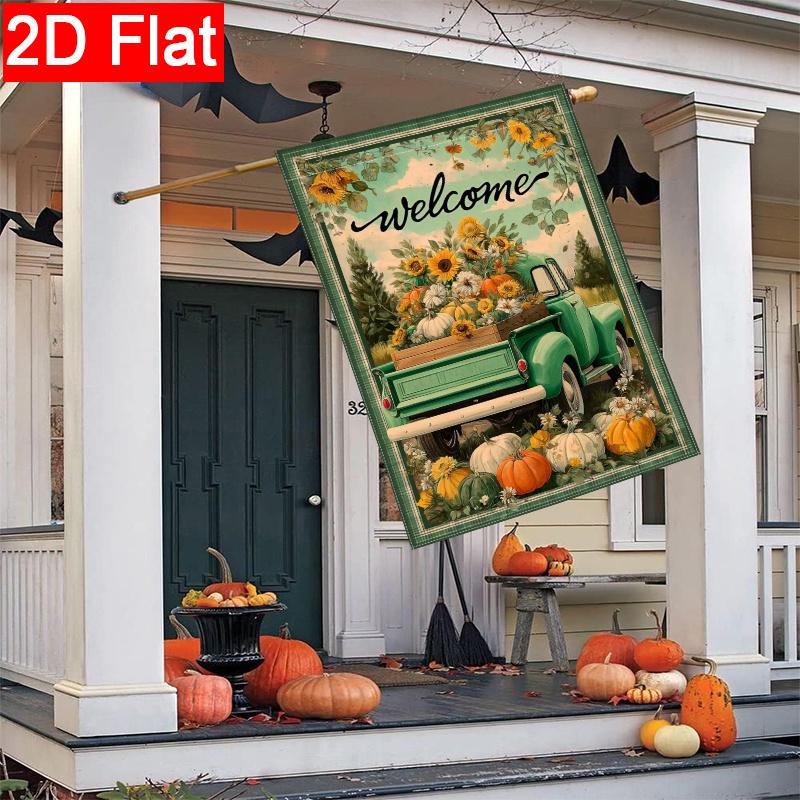 2D Flat, 2D Flat Thanksgiving Autumn Green Truck Pumpkin Welcome Garden Flag_2 (2)- Outdoor Garden Flag Double-sided Home Decoration Courtyard Decorat