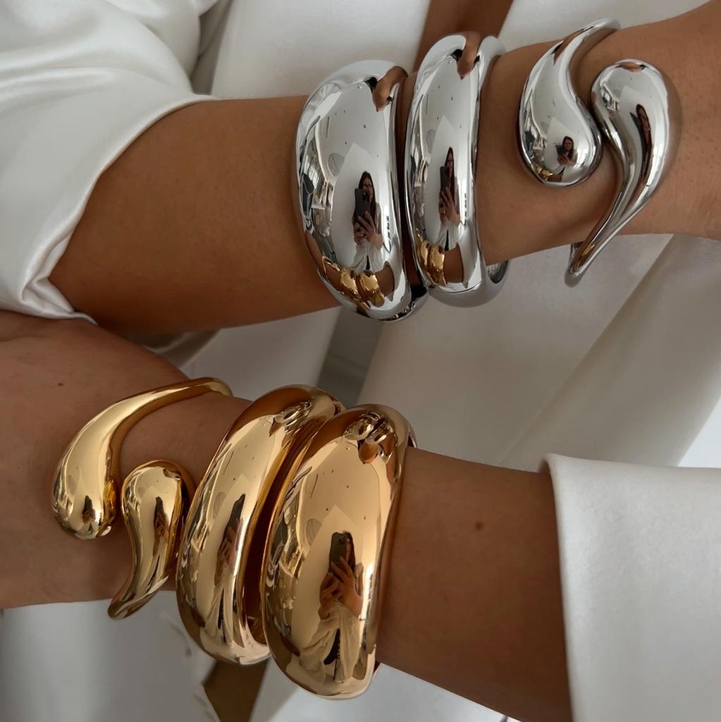 Ingemark Creative Punk Smooth Water Drop Open Bangles for Women Hip Hop Gold Color Geometric Spring Bracelet Men Jewelry Gift