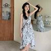 French Style Gentle Floral Print Sling Waist Dress Women's Summer Design Printed Irregular Skirt Ruffled Dress
